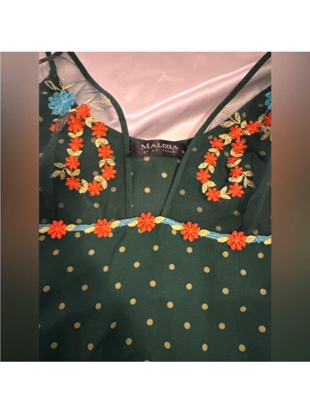New La Perla Green Polka Dot Pajama Set with Floral Accents #126 - Picture 5 of 8